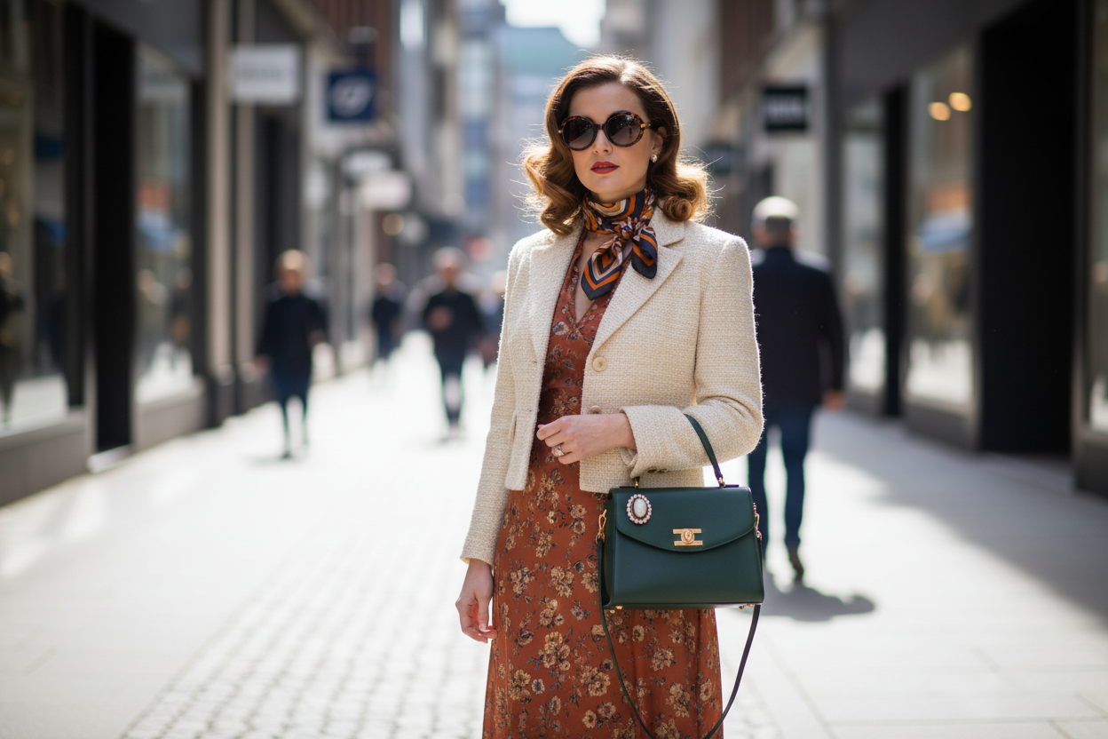 Chic street style showcasing vintage-inspired fashion trends with a floral dress and classic accessories