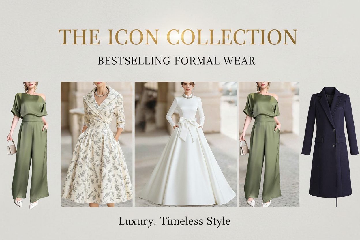ETAclothes Best Sellers - Premium formal wear collection featuring elegant evening gowns, jumpsuits, woolen coats, and French-style dresses
