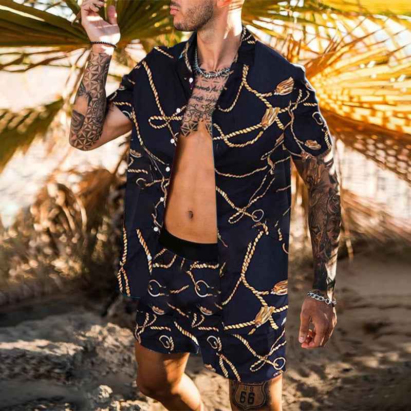 Summer Men Hawaiian Sets Printed Breathable Lapel Short Sleeve Shirtelastic Waist Beach Shorts Streetwear Casual Men Sets 2 Piec - ETAclothes.store