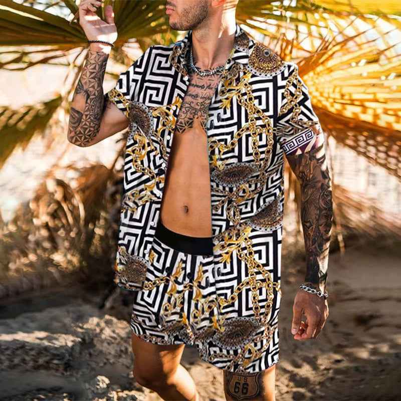 Summer Men Hawaiian Sets Printed Breathable Lapel Short Sleeve Shirtelastic Waist Beach Shorts Streetwear Casual Men Sets 2 Piec - ETAclothes.store