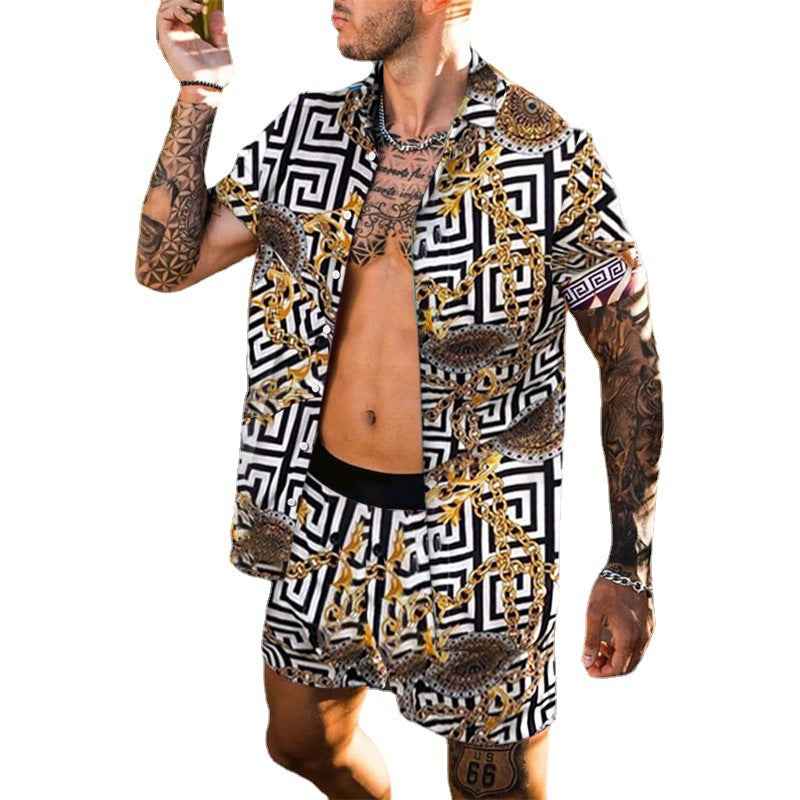 Summer Men Hawaiian Sets Printed Breathable Lapel Short Sleeve Shirtelastic Waist Beach Shorts Streetwear Casual Men Sets 2 Piec - ETAclothes.store
