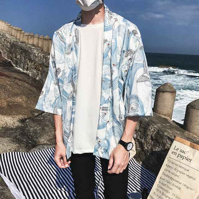 Printed Japanese Style Kimono Jacket cardigan men clothing cardigan male streetwear hiphop casual coat loose kimono - ETAclothes.store