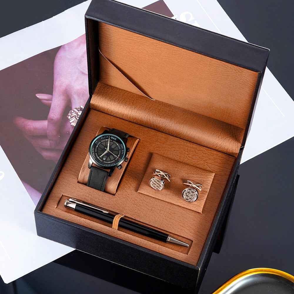 3 Piece Men's Watch Set Gift Box Sports Retro Calendar Quartz Watch Pen Cufflinks - ETAclothes.store