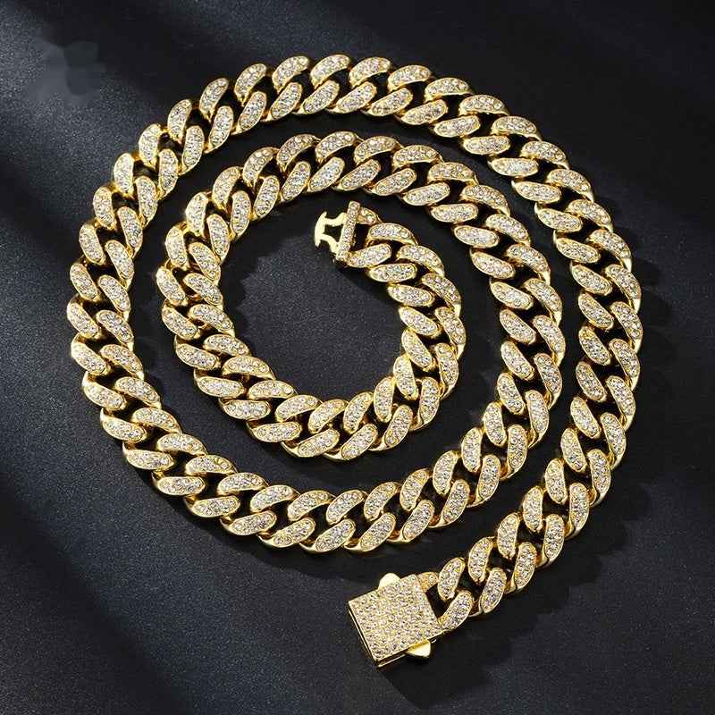 13mm Cuban Link Chain Spring Release Buckle Alloy Full Diamond Necklace Bracelet - ETAclothes.store