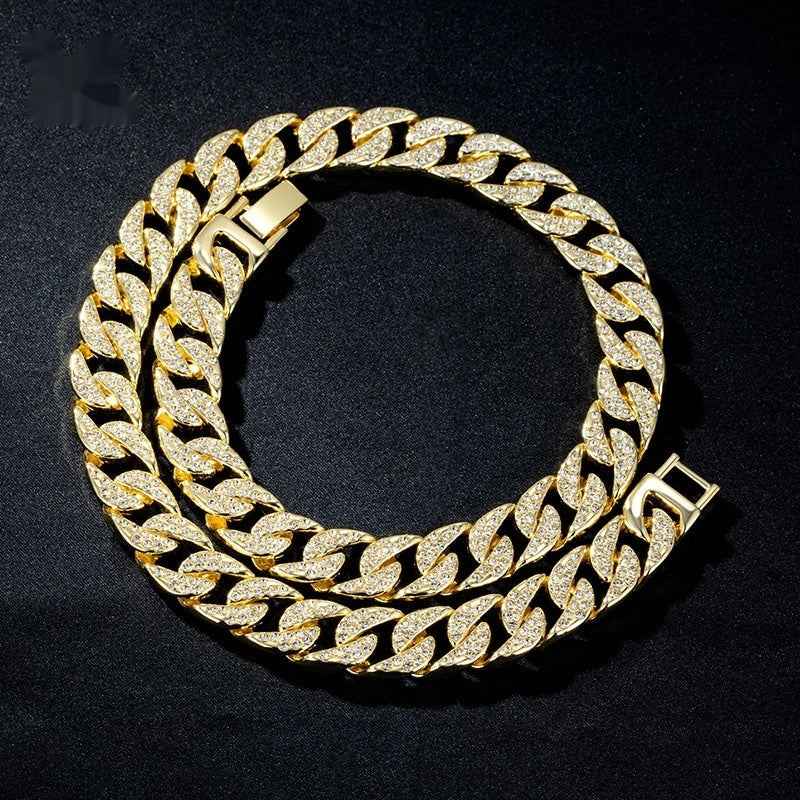 13mm Cuban Link Chain Spring Release Buckle Alloy Full Diamond Necklace Bracelet - ETAclothes.store