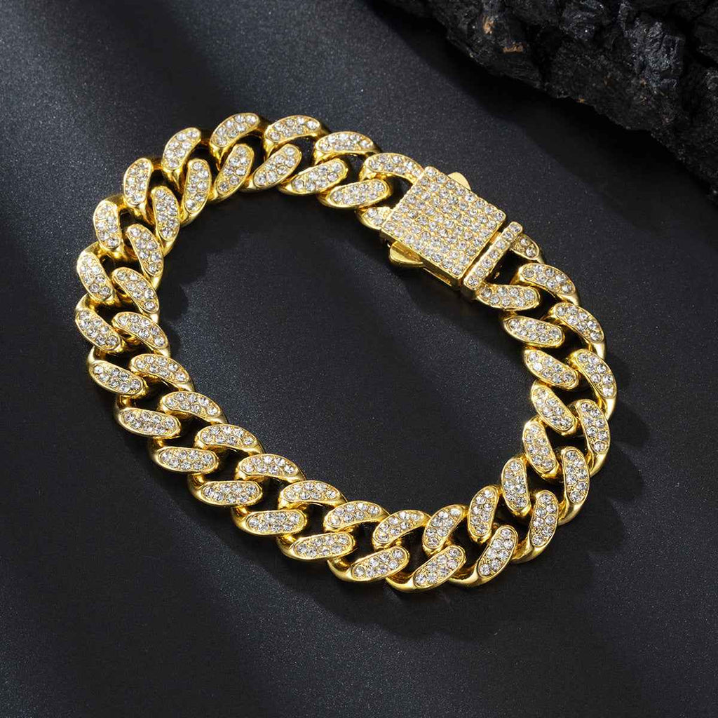 13mm Cuban Link Chain Spring Release Buckle Alloy Full Diamond Necklace Bracelet - ETAclothes.store
