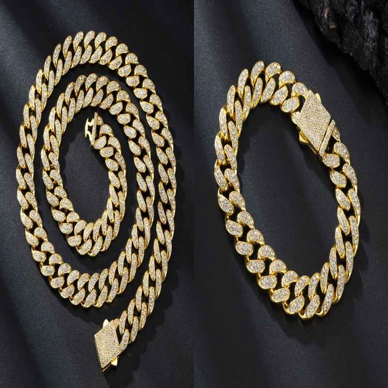 13mm Cuban Link Chain Spring Release Buckle Alloy Full Diamond Necklace Bracelet - ETAclothes.store