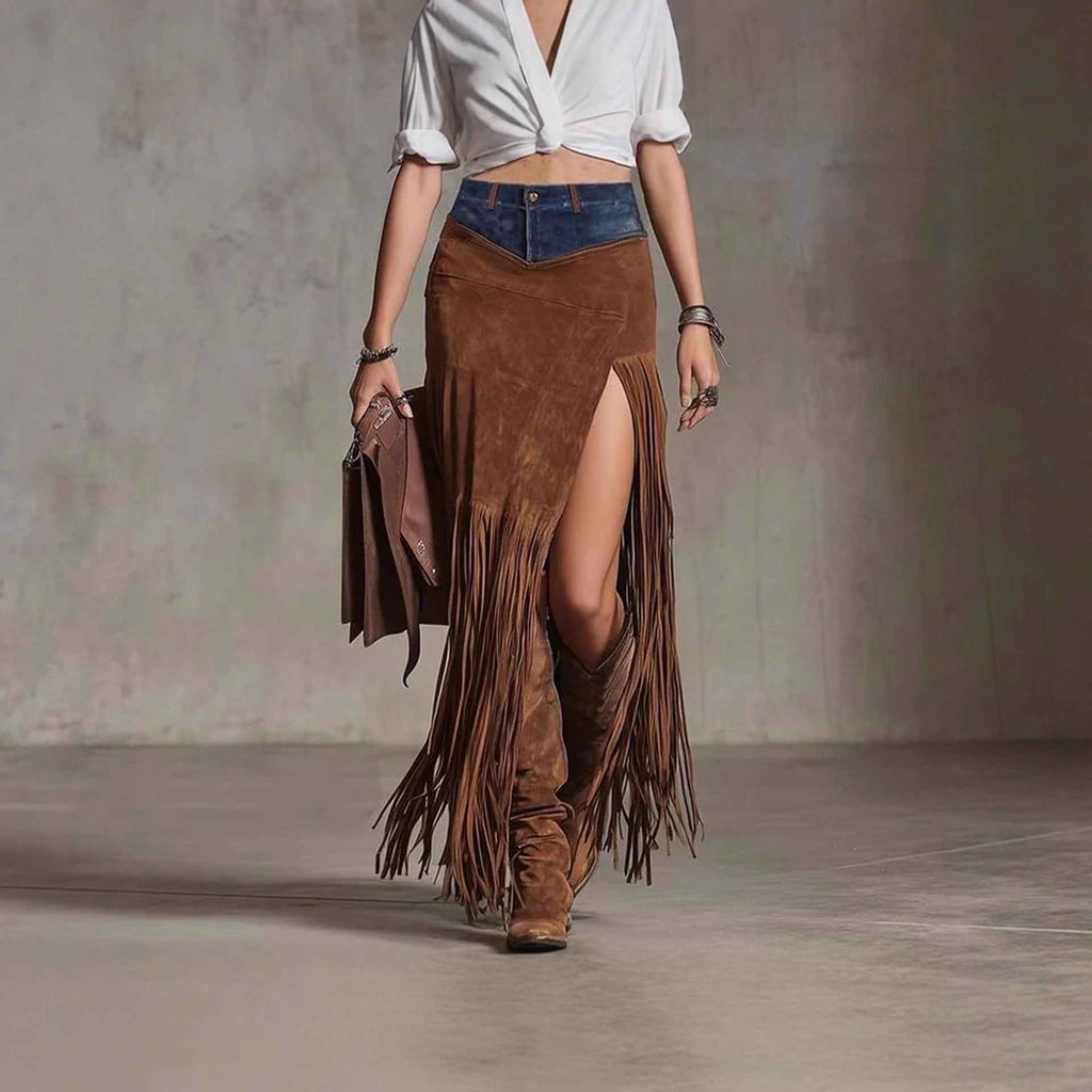 Chic Asymmetrical Tassel Suede Skirt - ETAclothes.store