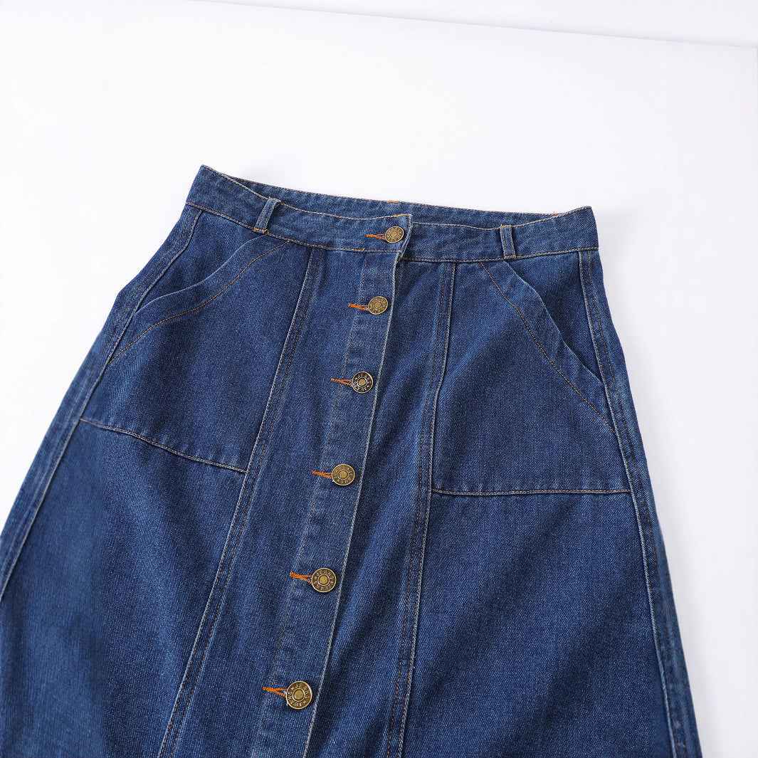 Solid-color Single-breasted Denim Skirt With Pockets - ETAclothes.store