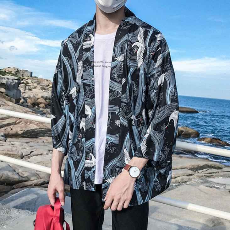 Printed Japanese Style Kimono Jacket cardigan men clothing cardigan male streetwear hiphop casual coat loose kimono - ETAclothes.store