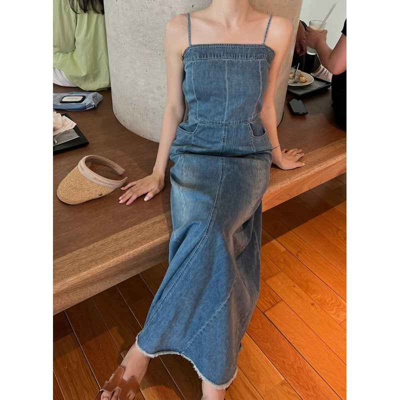 Elegant Figure-flattering Denim Slip Dress With A Side Slit - ETAclothes.store