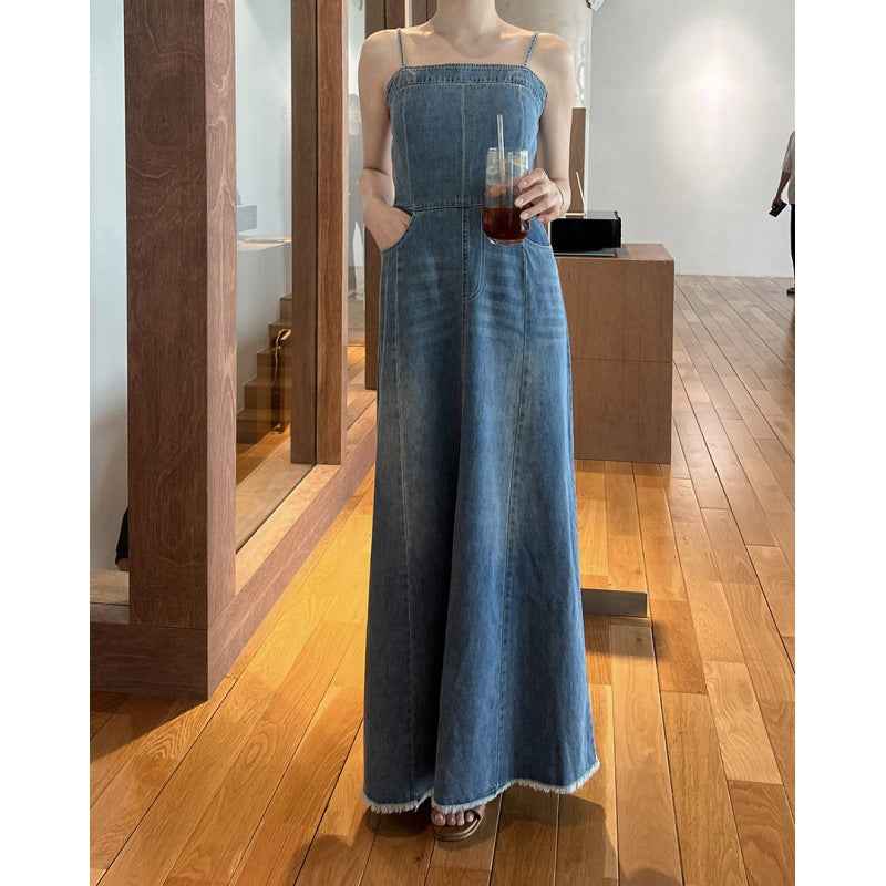 Elegant Figure-flattering Denim Slip Dress With A Side Slit - ETAclothes.store
