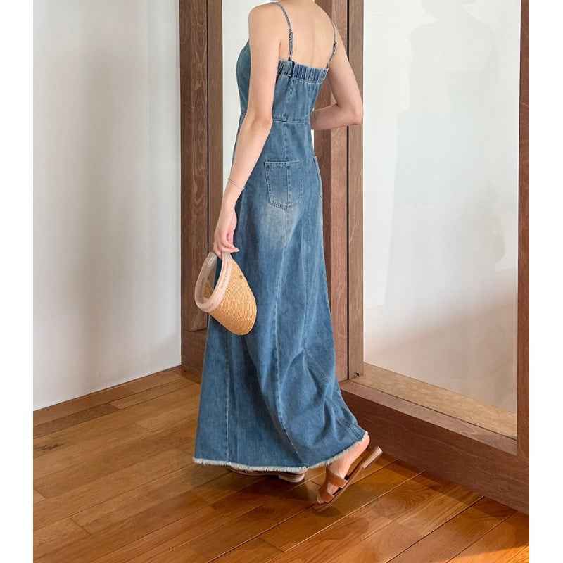 Elegant Figure-flattering Denim Slip Dress With A Side Slit - ETAclothes.store