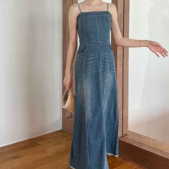 Elegant Figure-flattering Denim Slip Dress With A Side Slit - ETAclothes.store