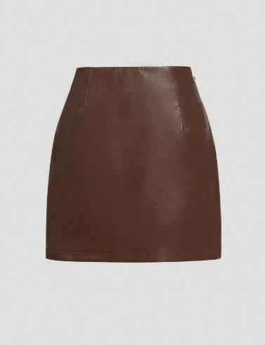 Womens Solid-Color Faux Leather Mini Skirt With Metal Buttons - ETAclothes.store