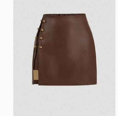 Womens Solid-Color Faux Leather Mini Skirt With Metal Buttons - ETAclothes.store