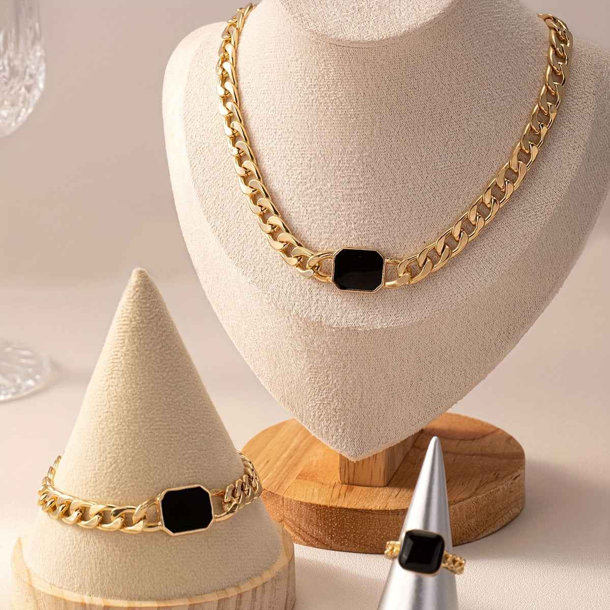 Geometric Square Chain Necklace Bracelet Ring Jewelry Set - ETAclothes.store