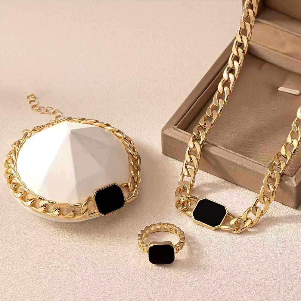 Geometric Square Chain Necklace Bracelet Ring Jewelry Set - ETAclothes.store