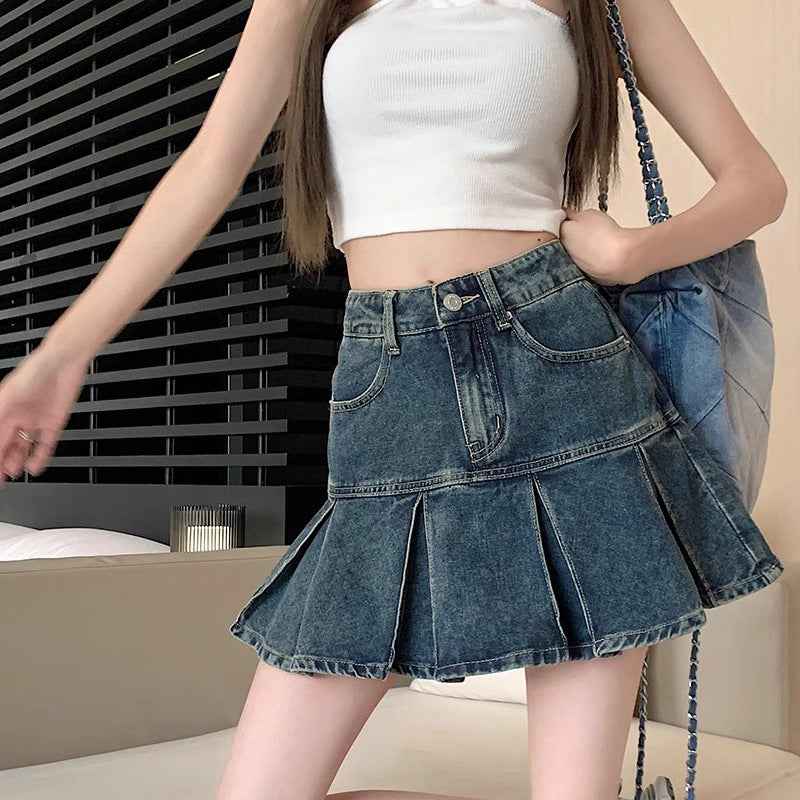 Womens Versatile High-Waisted Pleated Denim Skirt For Summer - ETAclothes.store