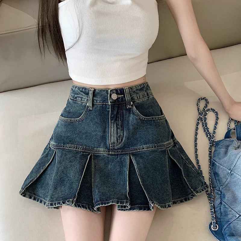 Womens Versatile High-Waisted Pleated Denim Skirt For Summer - ETAclothes.store