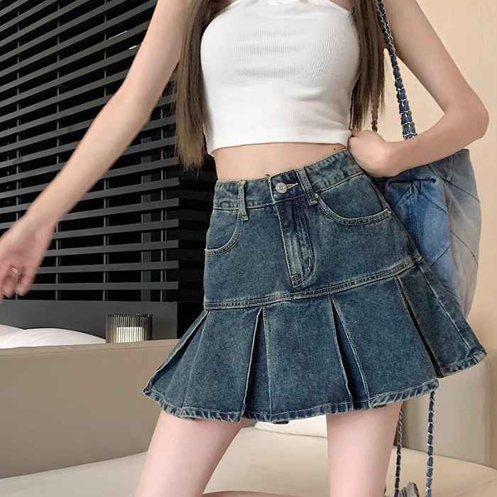 Womens Versatile High-Waisted Pleated Denim Skirt For Summer - ETAclothes.store
