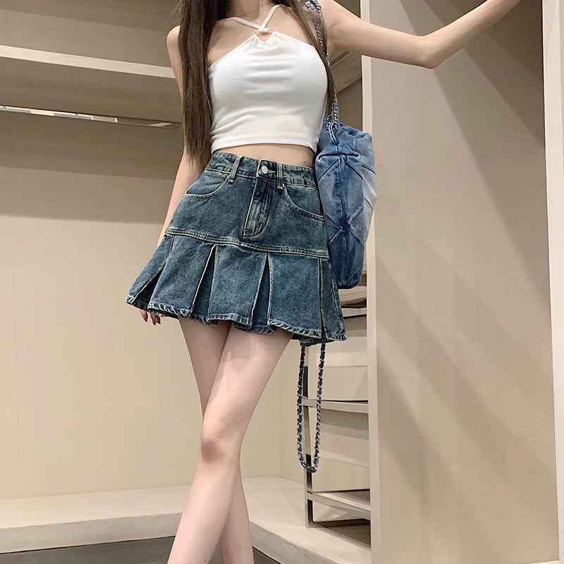 Womens Versatile High-Waisted Pleated Denim Skirt For Summer - ETAclothes.store