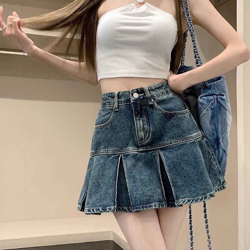Womens Versatile High-Waisted Pleated Denim Skirt For Summer - ETAclothes.store