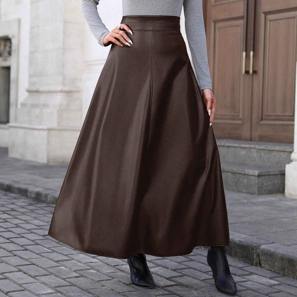 Slimming Hip-covering Mid-length A-line PU Leather Skirt With A Flared Hem - ETAclothes.store