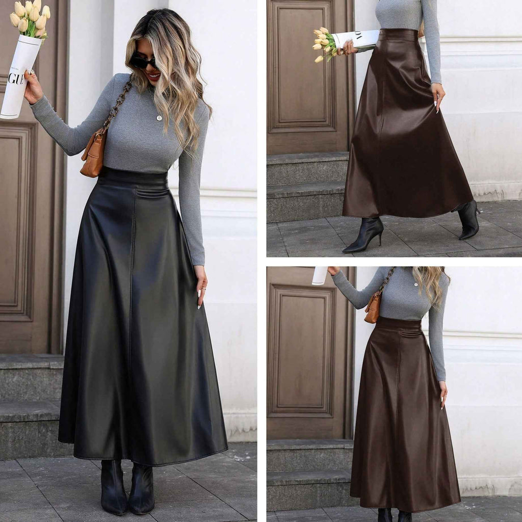 Slimming Hip-covering Mid-length A-line PU Leather Skirt With A Flared Hem - ETAclothes.store