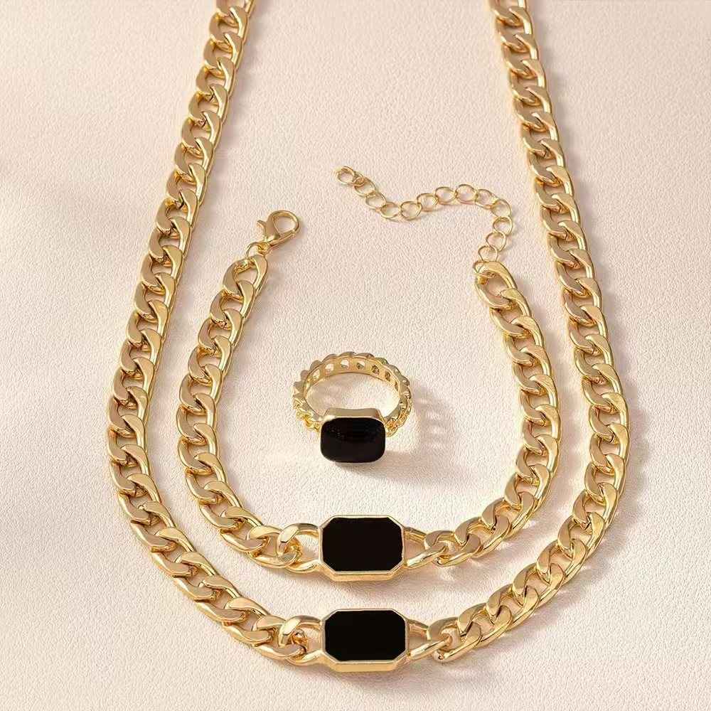 Geometric Square Chain Necklace Bracelet Ring Jewelry Set - ETAclothes.store