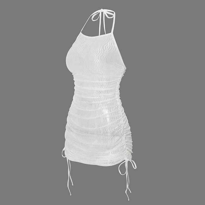 Women's Summer Beach Sundress In Solid Color With Spaghetti Straps And Mesh Fabric - ETAclothes.store