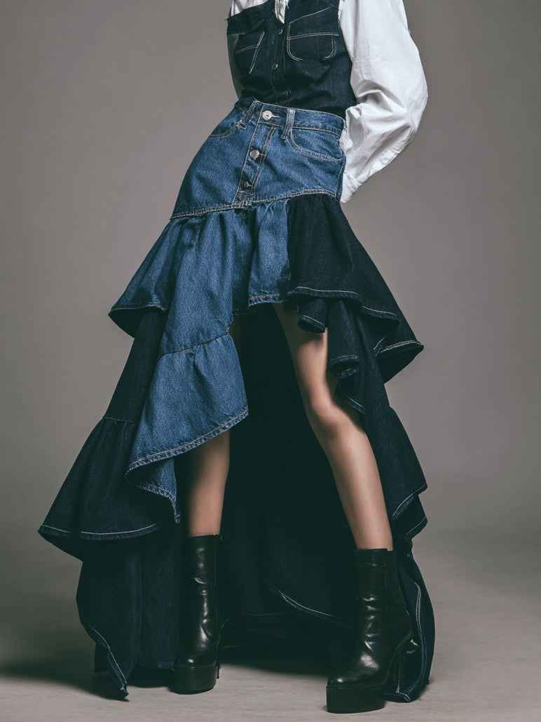 Two-Tone Denim High Waist Asymmetric Multi-Layer Ruffle Midi Skirt - ETAclothes.store