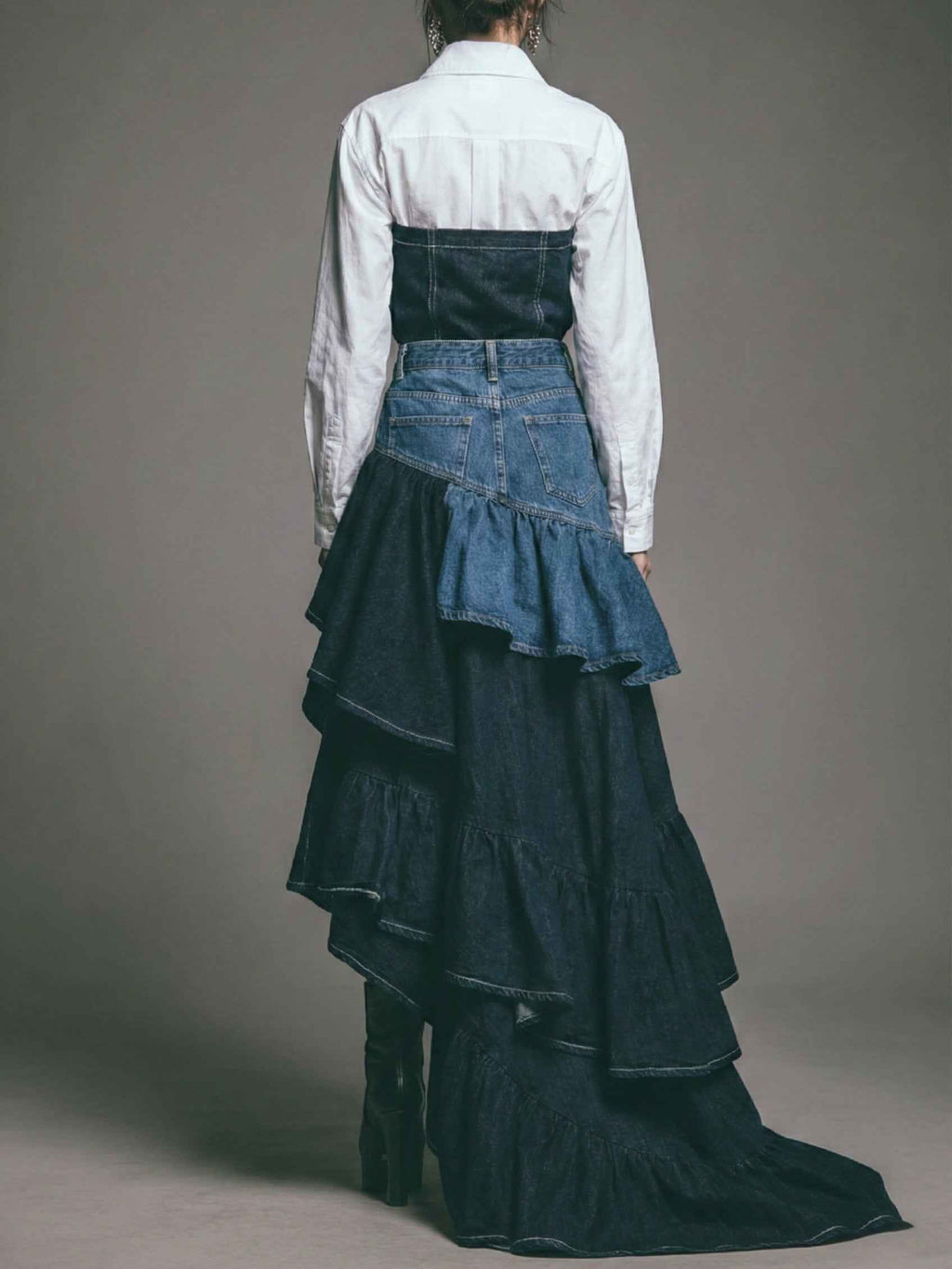 Two-Tone Denim High Waist Asymmetric Multi-Layer Ruffle Midi Skirt - ETAclothes.store