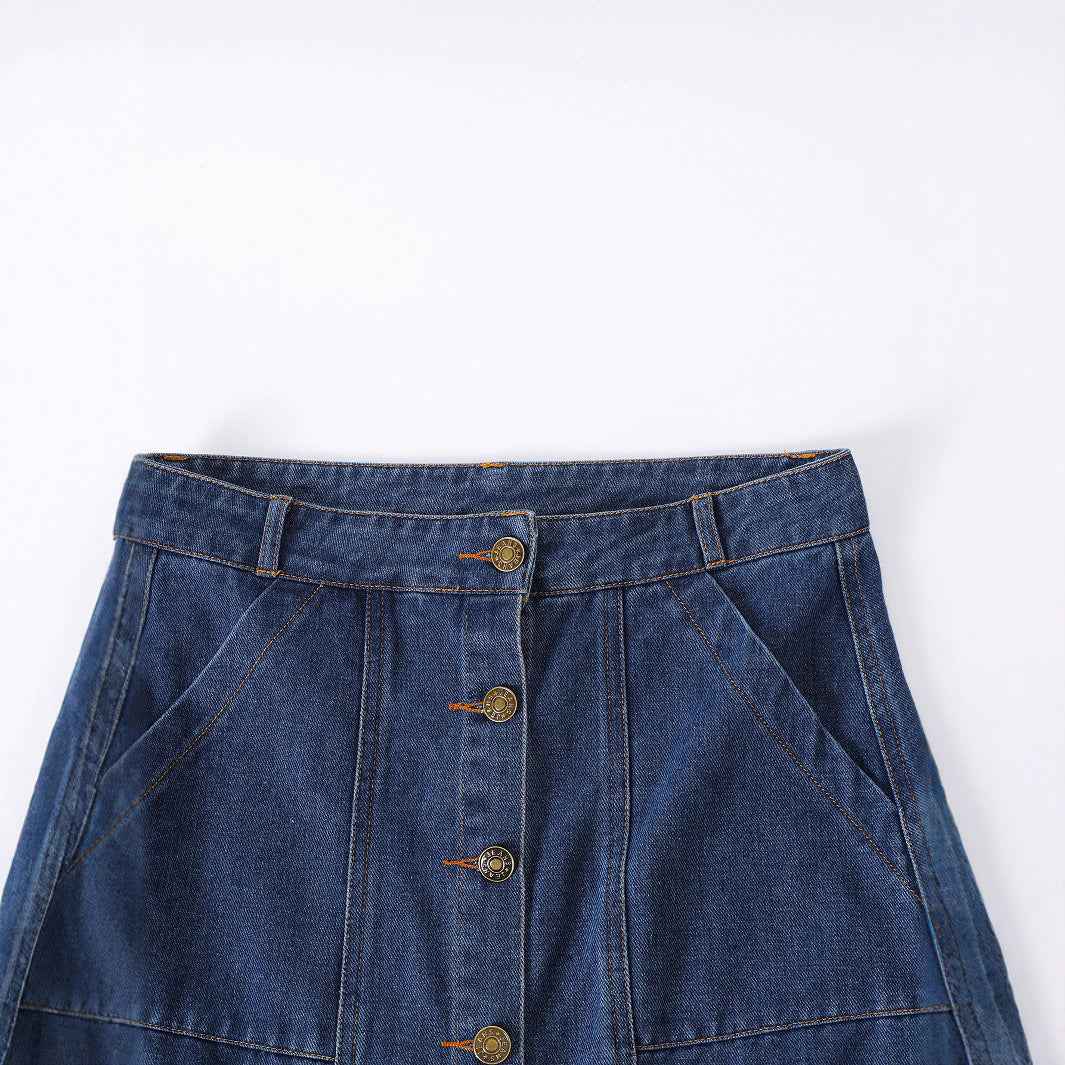 Solid-color Single-breasted Denim Skirt With Pockets - ETAclothes.store