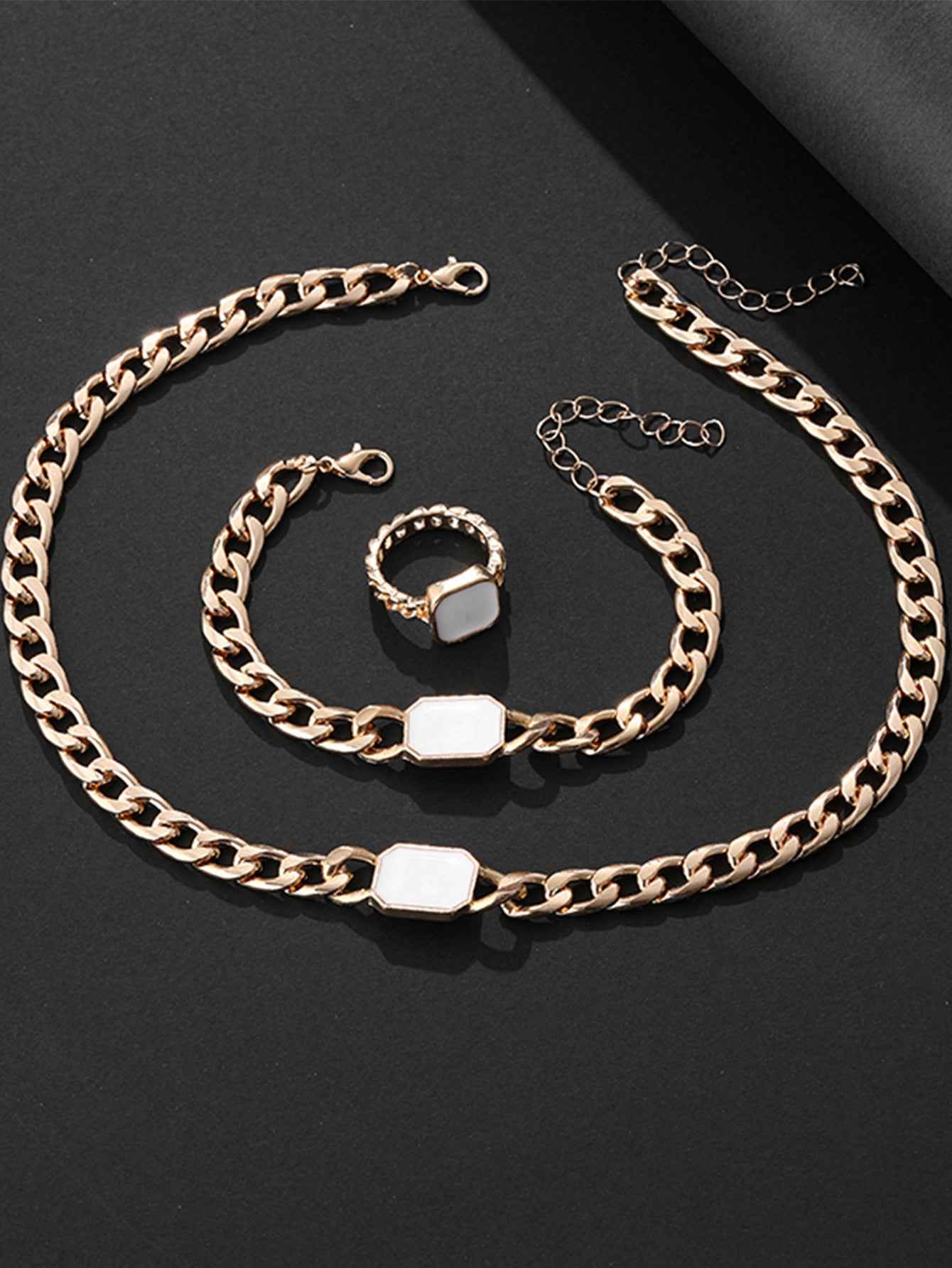 Geometric Square Chain Necklace Bracelet Ring Jewelry Set - ETAclothes.store