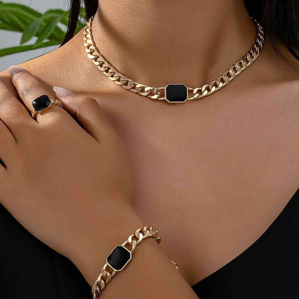 Geometric Square Chain Necklace Bracelet Ring Jewelry Set - ETAclothes.store